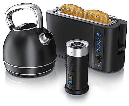 arendo Set Ensembles Bouilloire et Grille-Pain et Mousseur à Lait INOX, Bouilloire Style Vintage rétro 1,7L 2200W, Toaster 2 Tranches Ecran LED, Mousseur à Lait électrique, Noir