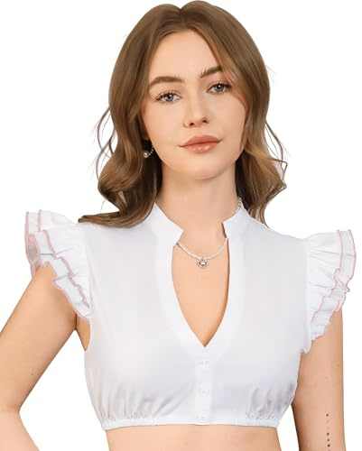 Funspread Dirndl Bluse Damen Weiß - Dirndlbluse Kurzarm DirndlBlusen V Ausschnitt Trachtenbluse