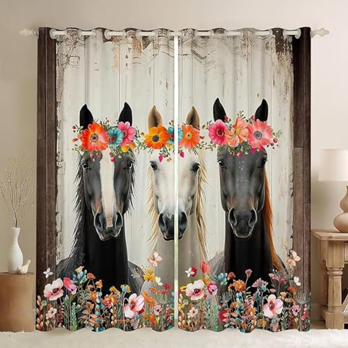 ZZTBQ Pferde Blume Verdunkelungsvorhang Mit Ösen, 3D Tier Motiv Blickdichte Vorhänge 220x215cm Für Jungen Mädchen Kinder Schlafzimmer