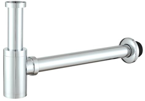 Muxios Solid Brass Bottle Trap 1 1/4, Round Decorative P-Trap, Adjustable Waste Traps Plumbing Drain Tube for Bathroom Sink Basin Vessel Chrome