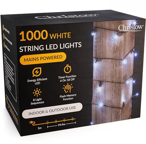 CHRISTOW Christmas Fairy Lights, White LED String Lighting with Timer, Indoor & Outdoor, Tree Lights, Mains Operated, 8 Light Modes Flashing & Static, Green Cable (100 LED / 10m Lit Length)