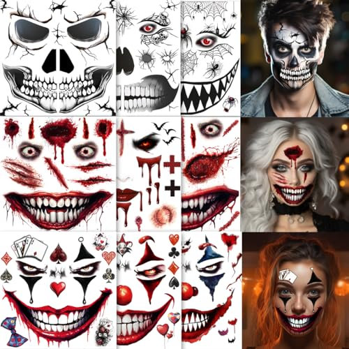 ENYACOS 9 Blätter Halloween Gesichtstattoo+2 Blätter Totenkopf-Handtattoo,skelett zombie joker Vampir teufel und hexen tattoo gesicht,Halloween Mund Tattoo,Halloween Make up Accessoires (A)