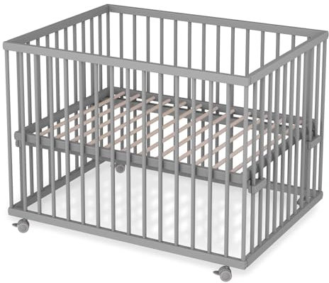 Sämann Laufstall Baby mit Lattenrost und 3 Schlupfsprossen | stufenlos höhenverstellbar | Laufgitter Premium | Babybett aus Holz | Krabbelgitter (grau, 75x100 cm)