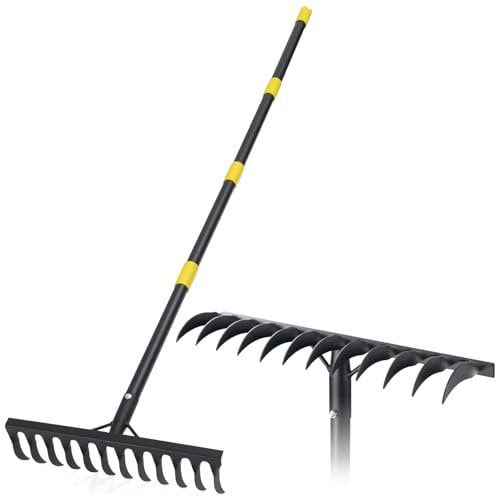 Rastrello da giardino resistente, rastrello in metallo da 189 cm con 12 denti, rastrello con manico lungo per allentare il suolo livellando il prato agricolo, nero