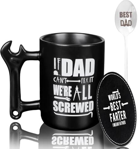 Gifts for Men Coffee Mug with Wrench Spanner Handle 400ml Birthday Gifts for Dad from Daughter and Son on Fathers Day Christmas Anniversary - If Dad Can't Fix It We're All Screwed