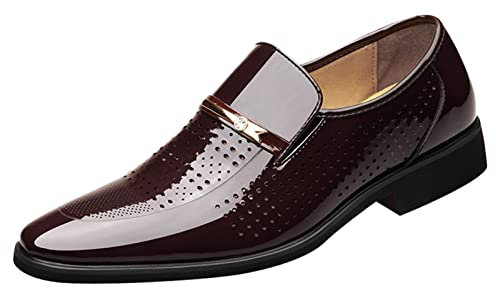 Zapatos Oxford para hombre, de cuero, formal, clásico, hueco, transpirable, sin cordones, cómodos, ligeros, puntiagudos, antideslizantes, para oficina, boda, Brown, 40 2/3 EU
