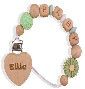 Catenella Portaciuccio con Nome, Catenella Ciuccio Personalizzata, Regalo Battesimo Bimba Bimbo, 100% Legno Sicuro Senza BPA, con Simpatico Orsetto Elefante Leone Coniglio, Ideale Regalo Nascita (18)