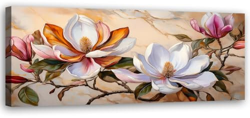 Feeby Leinwand Bilder - Bild Wohnzimmer - Magnolien Zweig Blumen Marmor - 120x40 1tlg - Deko Schlafzimmer Groß - Dekoration Canvas - Gemälde - Modern Wandbilder - Kunstdruck