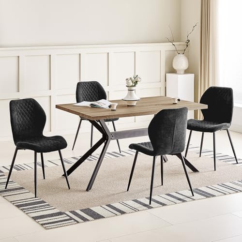 JIJIAN Essgruppen mit Dunkelbraun Holz Esstisch und 4 Schwarzer Stühle | Rechteckiger Esstisch in 140 x 80 x 76 cm mit 4 Ergonomischer Design Leinen Esszimmerstühle, für Esszimmer, Küche, Wohnzimmer