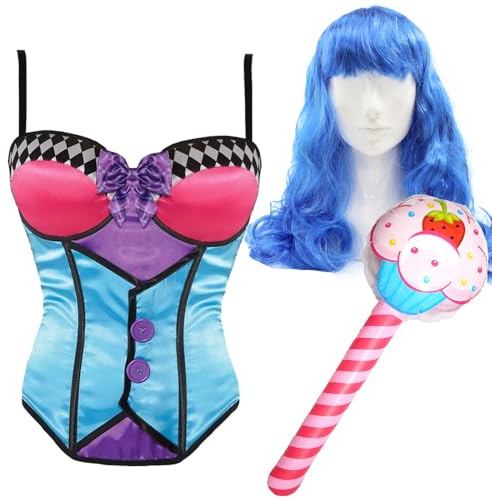 Pop-Star-Kostüm für Damen, Größe S/M, Blau und Rosa, lange blaue Perücke und rosa aufblasbarer Cupcake-Stick – Erwachsene und Damen, California Lady Musik-Ikone, Konzert-Tour-Kostüm