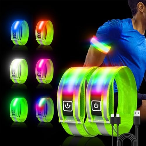 ocuvaep 2025 Led Armband Aufladbar, 2 Stück Reflective LED Leuchtarmband, 5 Farben 3 Lichtmodi Leuchtbänder USB Reflektorband, Running Reflektoren Armbänder für Running Joggen Radfahren
