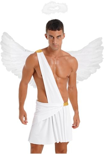 RUNQHUI Homme Déguisement Ange Costume 3Pcs Tenue Ailes D'Ange Serre-tête Auréole Cosplay pour Saint Valentin Halloween Carnaval