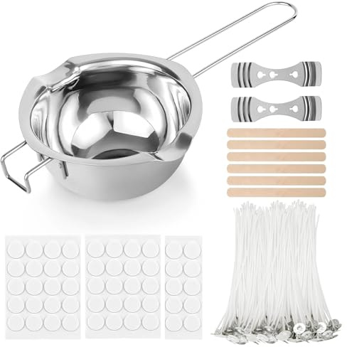 Eulihent Candle Making Kit for Adults - Stainless Steel Heating Jug 400ml, Candle Wicks, Metal Centering Device, Stickers, Wood Stirring Rod for Adults Beginners Wax Melt Kit