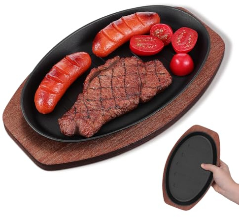 Toyvian Sartén Parrilla de Hierro Fundido con Base de Madera Placa para Asar Carne y Pescado Plancha Teppanyaki para Hogar y Cocina