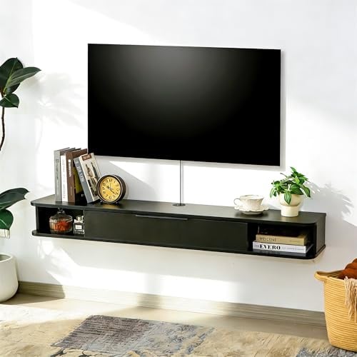 Mordchil EU Wall-mounted TV Cabinet Stand, 140cm Floating Media Console Under TV, Entertainment Shelf Center for Bedroom and Living Room, Black