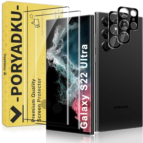 JavoYion 2+2 Pack for Samsung Galaxy S22 Ultra Screen Protector and Camera Lens Protector, 9H Tempered Glass, [3D Curved Full Coverage], Fingerprint Sensor Compatible, Case Friendly