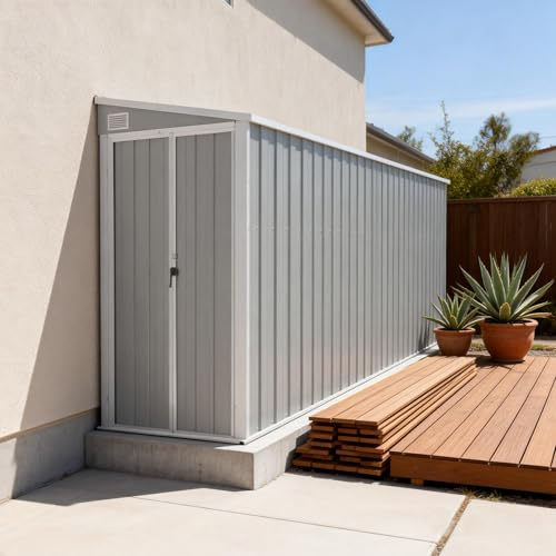 Abri de Jardin Gris adossé, 118 x 382 x 178 cm, en Acier galvanisé, avec Plancher, Fixation Murale, pour Outils et matériel de Jardinage.
