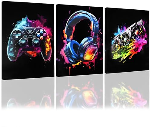 YunBey 3er Set Gaming Leinwandbild – Jugendzimmer Deko | Neon-Spritzmalerei mit Controller & Headset. 3 Rahmen, 40x30 cm. Für Schlafzimmer & Wohnzimmer. Geschenk für Gamer.