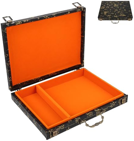 GANAZONO Mahjong and Chess Wooden Storage Box Portable Carrying Case with Handle for Board Game Pieces Travel Embossed Surface