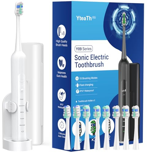 Electric Toothbrush for Adults and Kids, Rechargeable Sonic Toothbrush for Deep Teeth Cleaning, 5 Modes & 3 Intensities, Long Battery, with Travel Case, 8 Brush Heads, Smart Timer,White