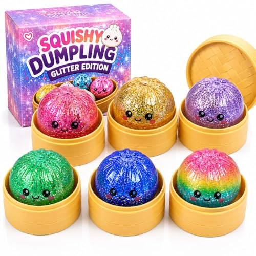 XXL Glitzer Squishy Dumpling Box 1 von 6 Sorten – Virale Dumplings 10 cm – Anti Stress Kawaii Mochi