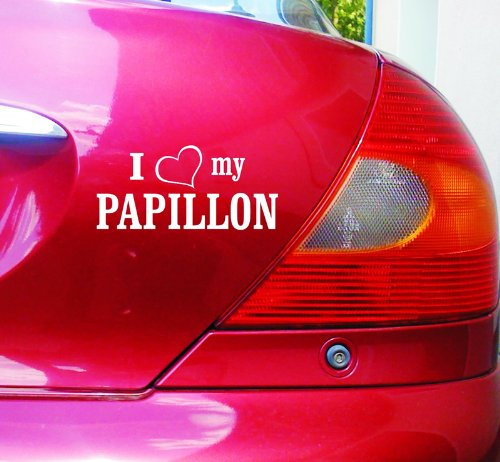 cartattoo4you® AI-01939 | I Love (als Herz) My Papillon | Autoaufkleber Aufkleber Farbe weiß, in 24 Farben erhältlich, glänzend, 15 x 7 cm, Motiv Copyright by dh-Folien