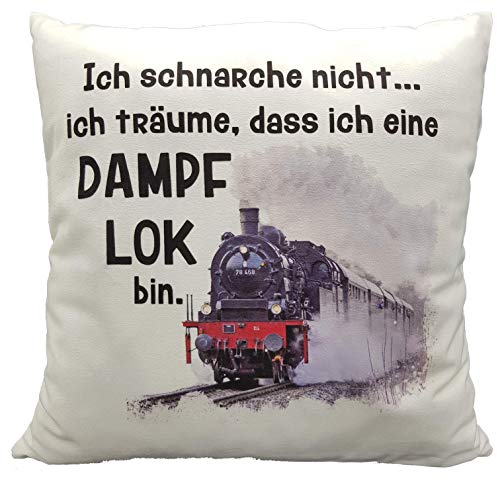 Kilala Lokomotive Kissen, Sofakissen 40x40 cm, Kissen mit Spruch Ich schnarche Nicht, Kuschelkissen flauschig, Geschenk Geburtstag Kinder Lokführer