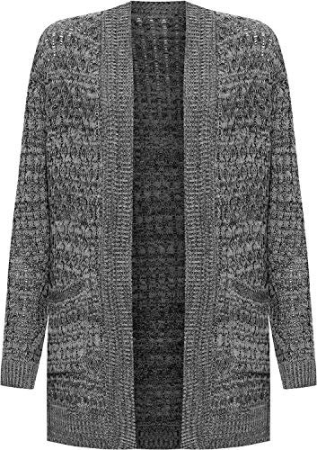 WearAll Women's Plus Cable Knitted Open Pocket Cardigan Chunky Long Sleeve Grandad - Black Dark Grey - 20-22