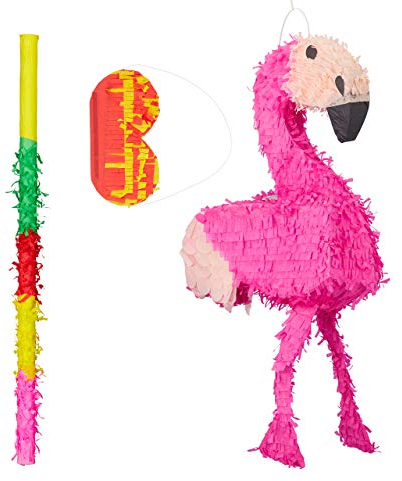 Relaxdays 3 TLG. Pinata Set Flamingo, mit Pinata Stab und Augenmaske, für Kinder, Geburtstag, zum selbst Befüllen, Piñata, bunt