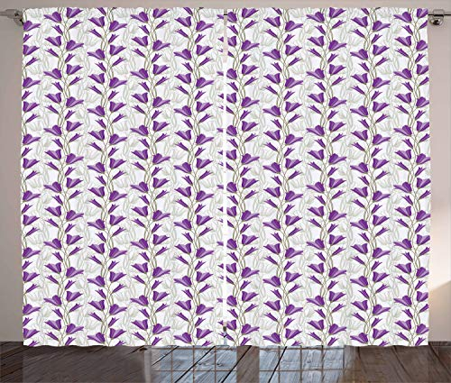ABAKUHAUS Jugendstil Rustikaler Gardine, Glockenblumen Bouquet, Schlafzimmer Kräuselband Vorhang mit Schlaufen und Haken, 280 x 175 cm, Reseda Grün Violett
