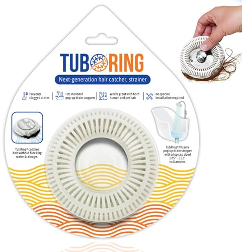 Hair Catcher for Shower Drain & Bathtub – TubRing Pop-Up Drain Protection & Strainer, Reusable Silicone Stopper for Bathroom Clogs, Fits 1.85 - 2.17 Drains | White