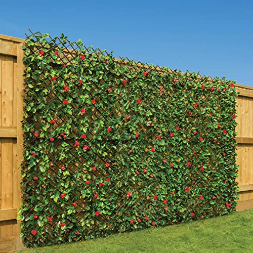 CHRISTOW Expanding Artificial Trellis Fake Leaf Red Flower Hedge Garden Privacy Screening 1m x 2m (Pack of 4)