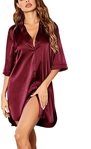 Ekouaer Chemise de Nuit Femme Grande Taille 3/4 Manches Longues Ete Satin Sexy Chic Courte Vêtements de Nuit Femme, Bordeaux, M