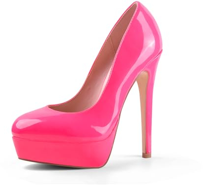 GENSHUO Plateau Pumps Damen Geschlossene 5.5 Zoll/14cm Stilettos High Heels Lack Plateau Prom Party Frauen High Heels Schuhe Fluoreszierendes Rosa Größe 38.5 EU
