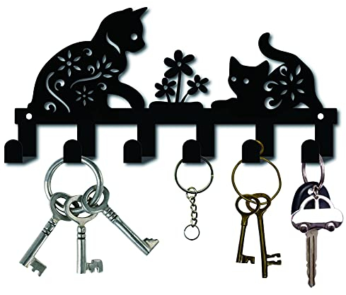 CREATCABIN Metall Schlüsselhalter Schwarz Schlüsselhaken Wandhalterung Aufhänger Dekor Aufhänger Organizer Rock Dekorativ Mit 6 Haken Katzen- Und Blumenmuster 10.6 x 5.1 x 1.5 Zoll
