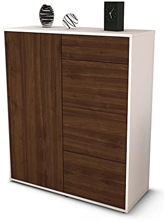 Stil.Zeit Highboard Lelia, Korpus Weiss matt, Front Holz-Design Walnuss (92x108x35cm), Push-to-Open Technik & Leichtlaufschienen