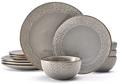 Pfaltzgraff Emma - Juego de vajilla de 12 piezas, servicio para 4, color gris