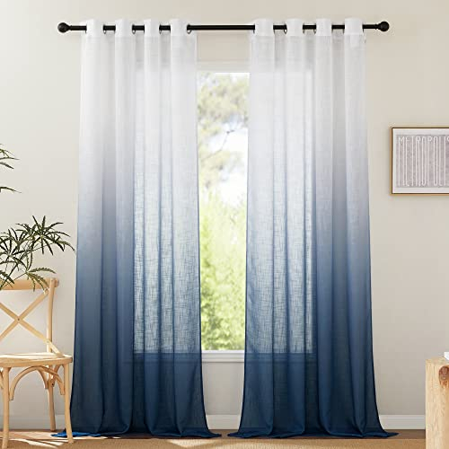 PONY DANCE Wohnzimmer Gardinen mit Farbverlauf Vorhang Leinenoptik Gardienen 2-Set H 245 x B 140 cm Gardine Weiss Halbtransparent Voile Vorhänge mit Ösen Halbtransparent, Dunkelblau