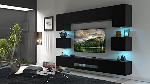 Furnitech Wohnwand Wohnzimmer - Wohnzimmer Möbel mit LED Blau - Hängend Wohnwand Modern - Wohnzimmer Schrankwand mit Regale und TV Schrank (Besta DAN1-17B-M7-1B Matt)