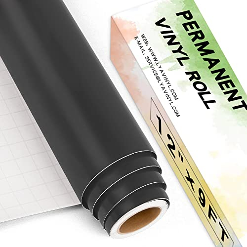 Matte Black Permanent Vinyl Roll, Lya Vinyl 12 x 9ft Self Adhesive Vinyl for Cricut, Silhouette Cameo, Black Vinyl for Party Decoration, Window Stickers, Home Decor