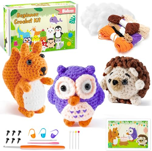 BWkoss Häkelset für Anfänger, niedliches Eulen-Igel, Eichhörnchen-Starter-Set für Erwachsene und Kinder, komplettes Materialpaket mit Schritt-für-Schritt-Anleitung und Video-Tutorials für