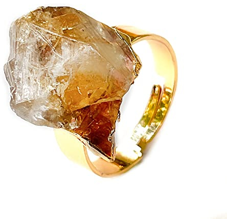 LODMLOER Unregelmäßiger Offener Ring Aus Rohem Citrin – Damen-Echtstein,Verstellbarer Fingerschmuck,Mit Goldrand,Größenverstellbarer Cocktailring Für Party-Hochzeitsschmuck