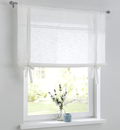 Vicky Store romain aspect lin avec dentelle à ourlet creux et cordon de serrage - Rideau de cuisine style maison de campagne - Largeur : 60 cm - Hauteur : 100 cm - Blanc