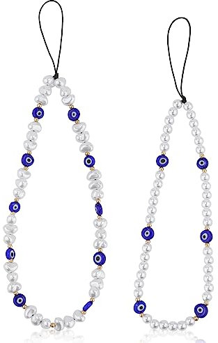 LUTER 2pcs Beaded Phone Charms, Round Special-shaped Evil Eye Beaded Lanyard Handmade Anti-lost Phone Wrist Strap Cute Keychain Phone Chain Evil Eye Phone Charm for Men Women Couple