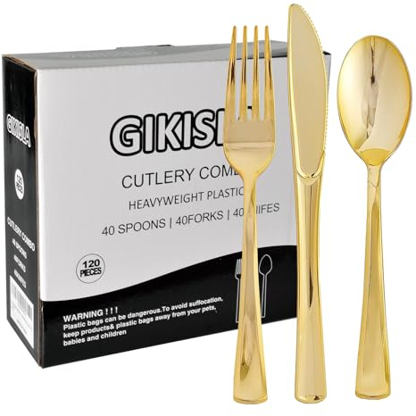 120 Pack Gold Plastic Cutlery Set, Including 40 Forks, 40 Knives, 40 Spoons, Reusable Heavy Duty Plastic Silverware Set for Weddings, Birthday, Parties, Dinners