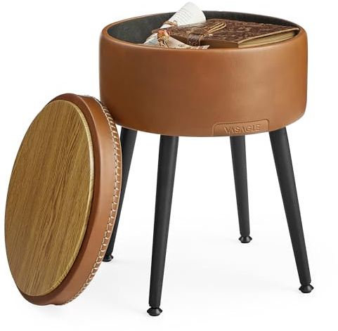 VASAGLE EKHO Collection - Storage Ottoman, Vanity Chair Stool, Synthetic Leather with Stitching, Mid-Century Modern, Round Storage Seat with Steel Legs, Loads 330 lb, Caramel Brown ULOM005K01