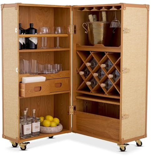 Casa Padrino Luxus Weinschrank im Koffer Design Naturfarben/Braun 59 x 59 x H. 122,5 cm - Kofferschrank mit Rollen - Bar Möbel - Luxus Möbel - Luxus Qualität
