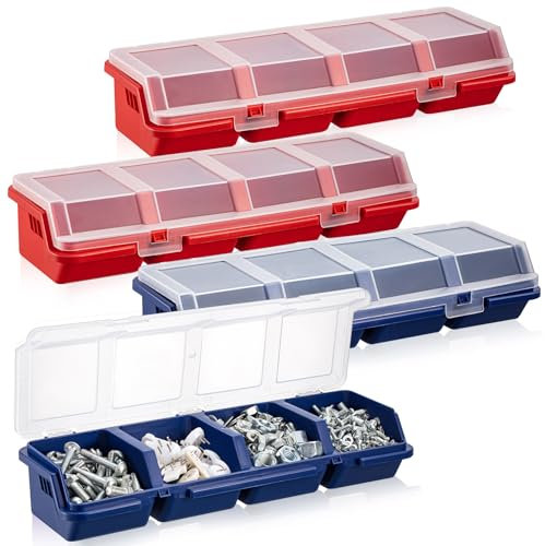 Hushee Confezione da 6 scatole organizer per viti con coperchio, 4 scomparti, divisori per attrezzi, in plastica, impilabili, per piccole parti, per organizzare ordinamenti e viti, per garage e