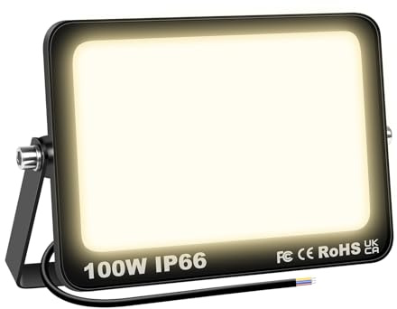 SKYWORLD 100W Faretto Led da Esterno, 10000LM 3000K Luce Bianca Naturale | Proiettore Faretti da Esterno, IP66 Impermeabile Fari di Sicurezza per Giardino Cortile Terrazza Patio Garage Piazza Officina