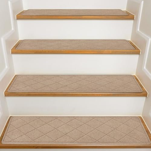 KOOTETA Peldaños de escalera para peldaños de madera para interiores, paquete de 15 alfombras antideslizantes de 8 x 30 pulgadas con adhesivo reutilizable para niños, ancianos y perros, superficie de